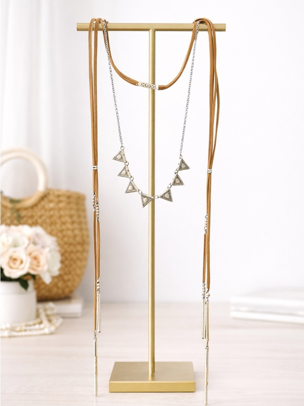 Western Suede Tassel Rhinestone Geometric BoHo Statement Necklace - 20-22in